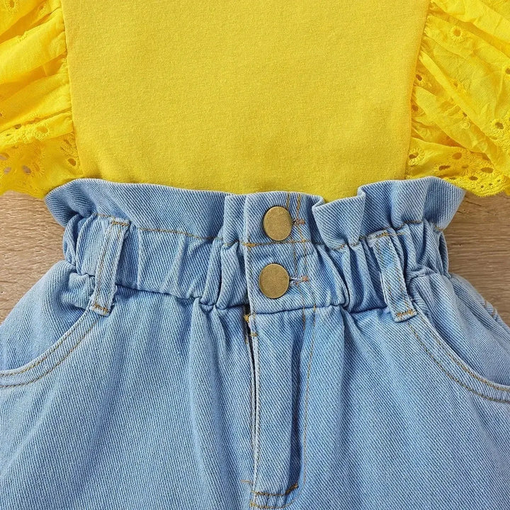 Cute Top & Denim Shorts Set for Girls