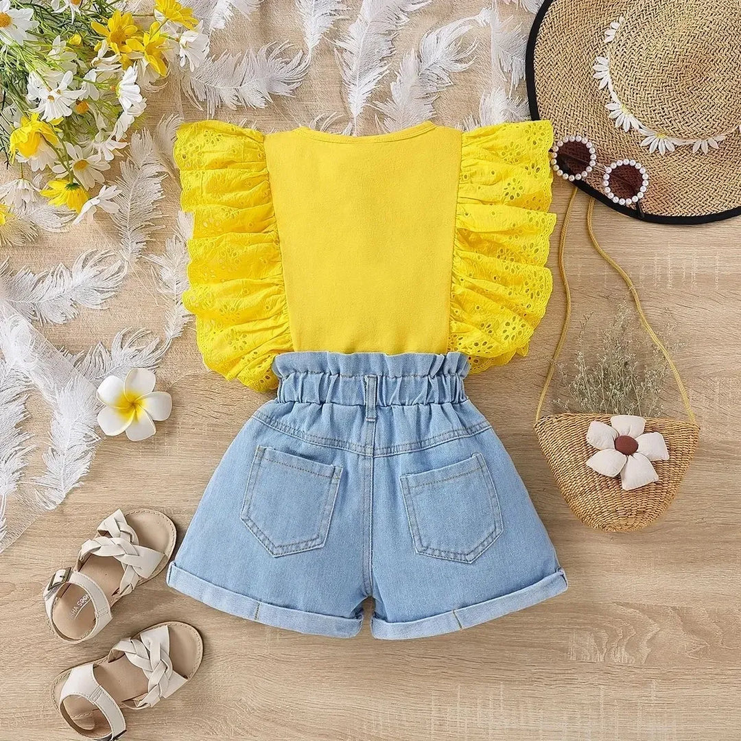 Cute Top & Denim Shorts Set for Girls