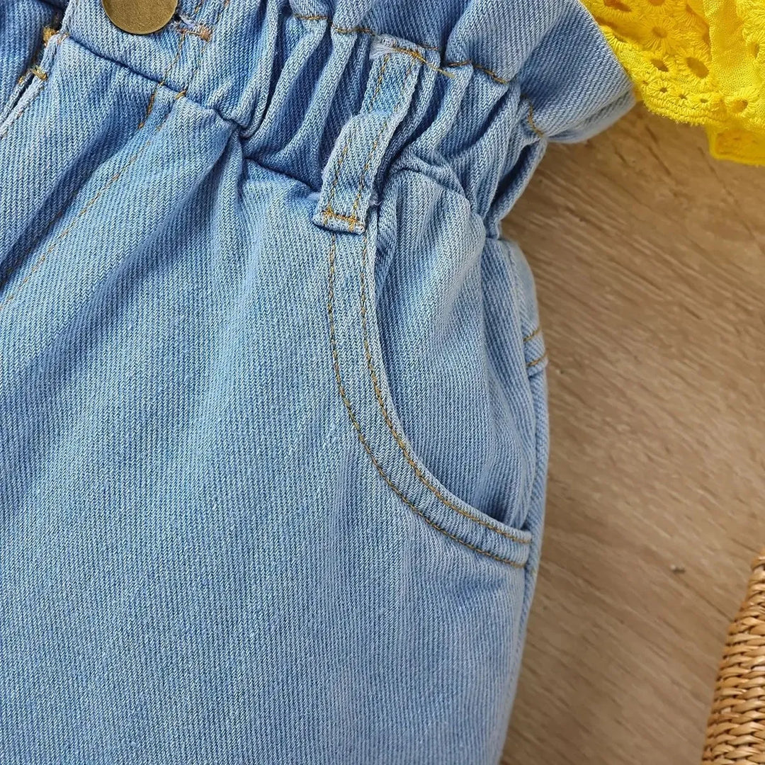 Cute Top & Denim Shorts Set for Girls