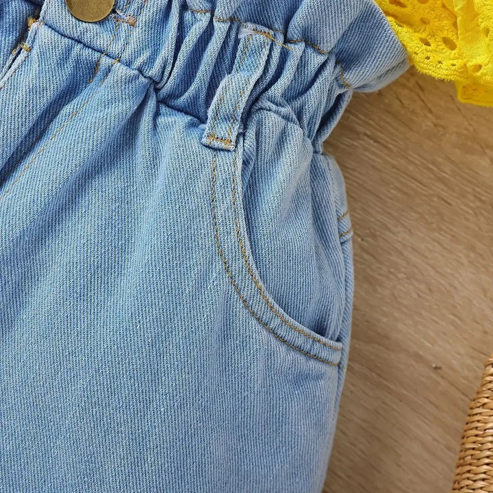Cute Top & Denim Shorts Set for Girls