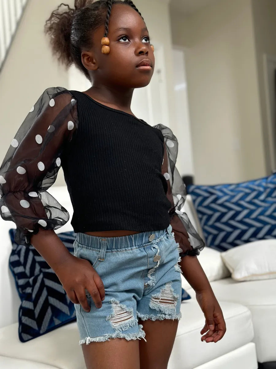 Girls Puff Sleeve Top + Jean Shorts Set
