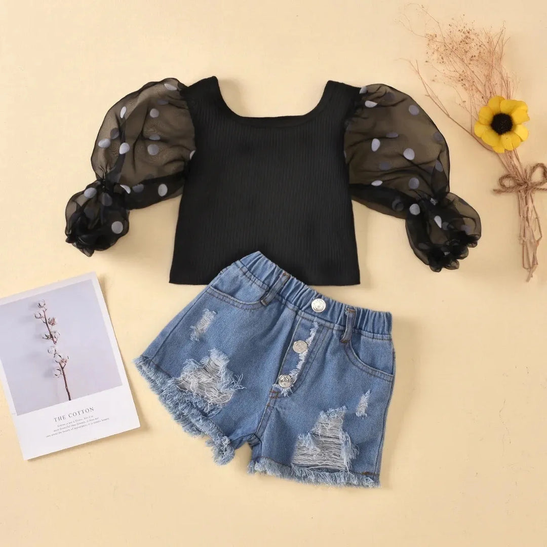 Girls Puff Sleeve Top + Jean Shorts Set