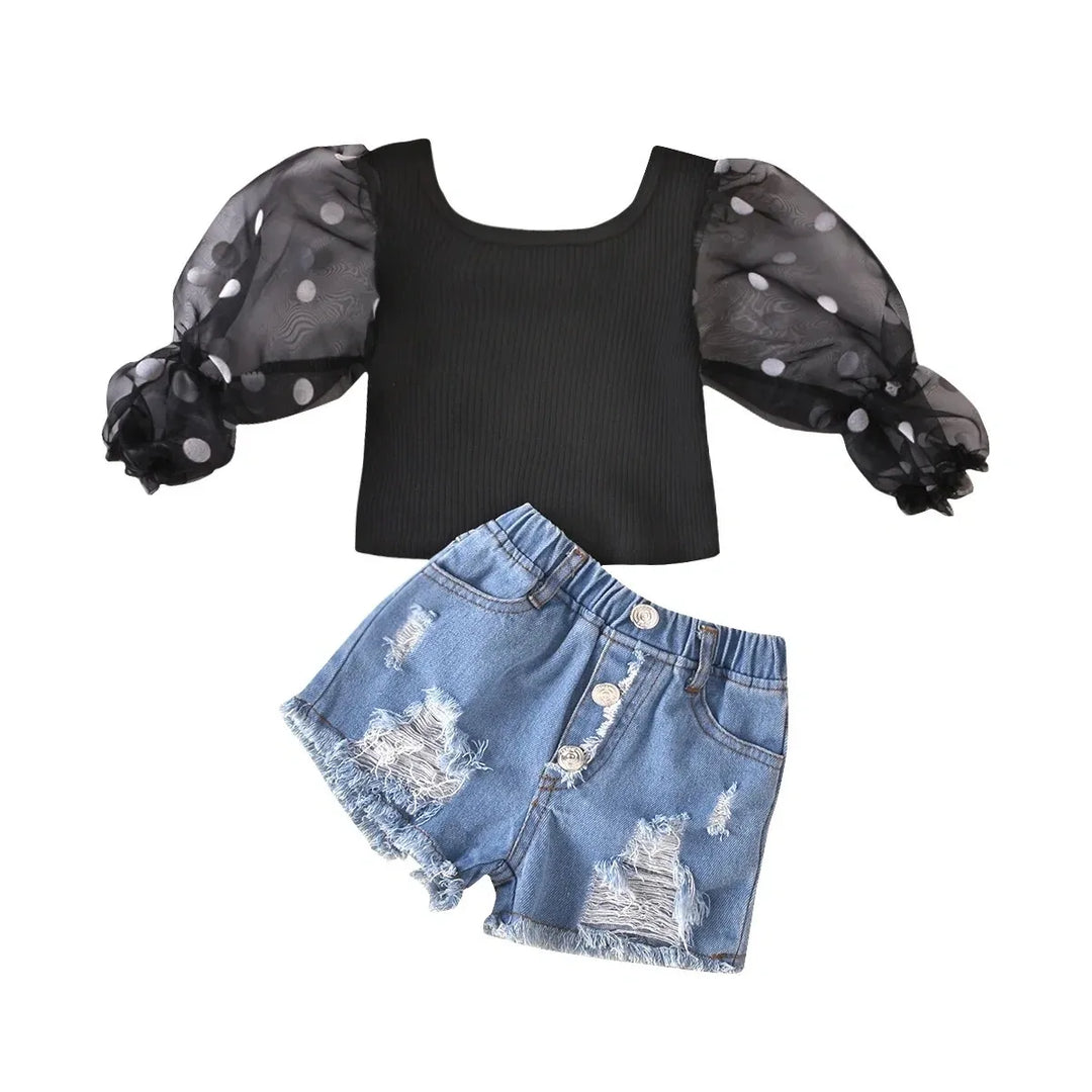 Girls Puff Sleeve Top + Jean Shorts Set