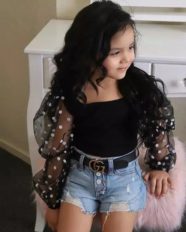 Girls Puff Sleeve Top + Jean Shorts Set