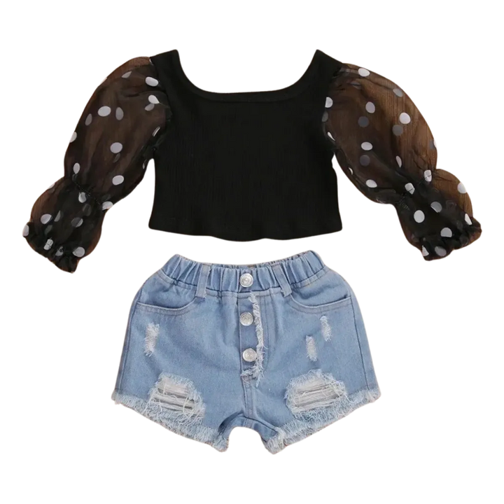 Girls Puff Sleeve Top + Jean Shorts Set