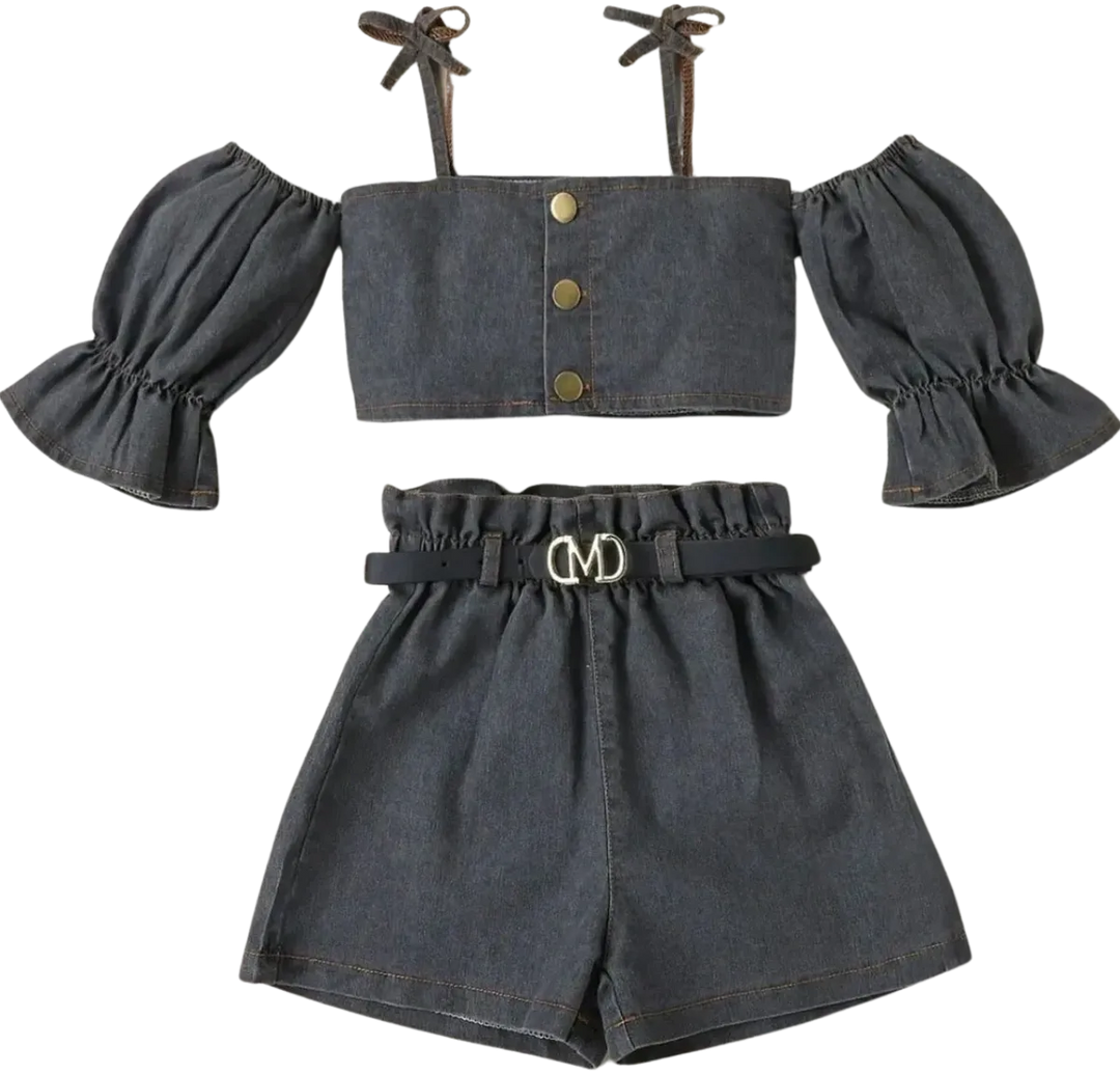 Off-Shoulder Denim Top & Shorts Set for Girls