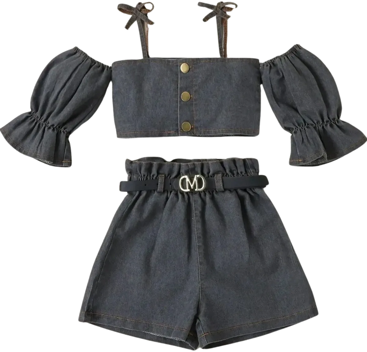 Off-Shoulder Denim Top & Shorts Set for Girls