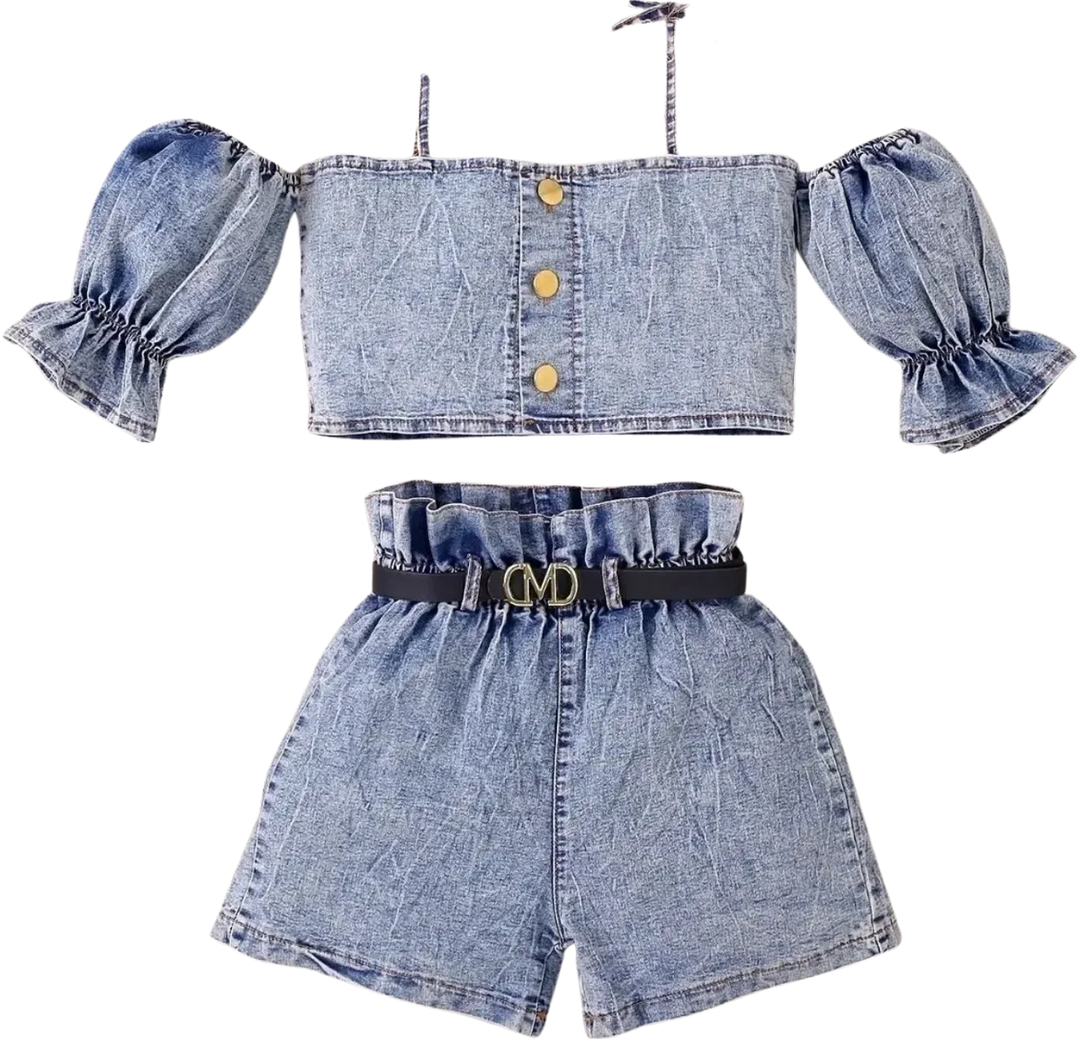 Off-Shoulder Denim Top & Shorts Set for Girls