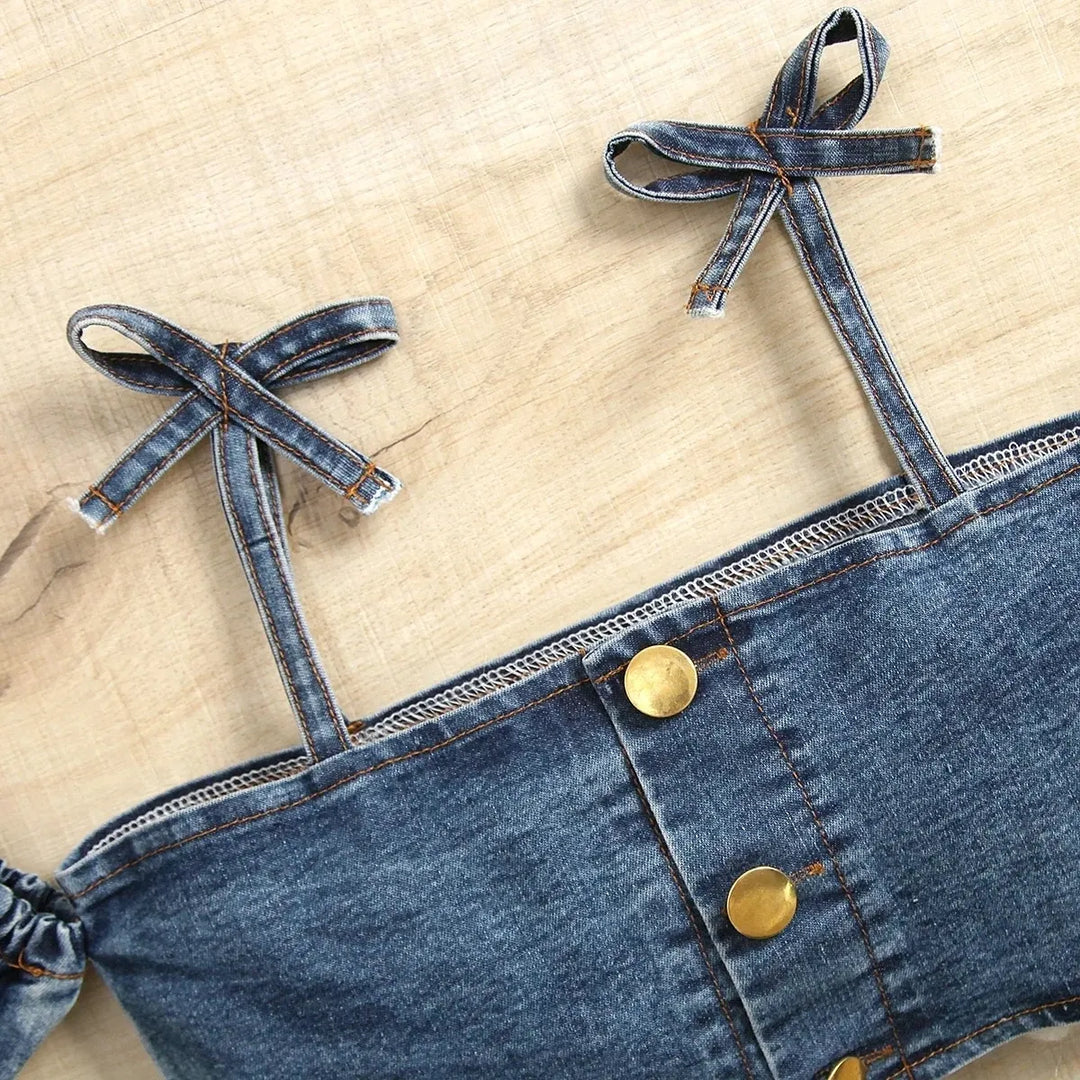 Off-Shoulder Denim Top & Shorts Set for Girls