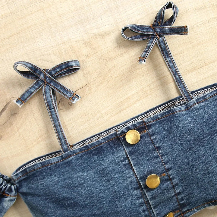 Off-Shoulder Denim Top & Shorts Set for Girls