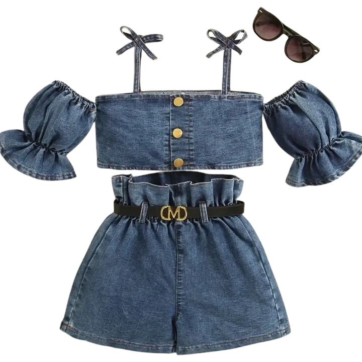 Off-Shoulder Denim Top & Shorts Set for Girls