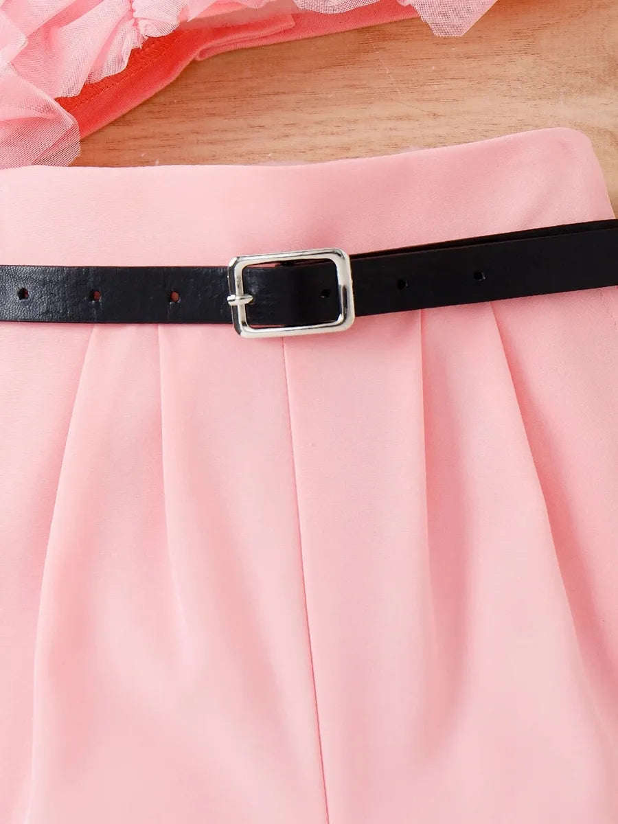 Soft Mesh Top & Shorts Set with Belt for Girls