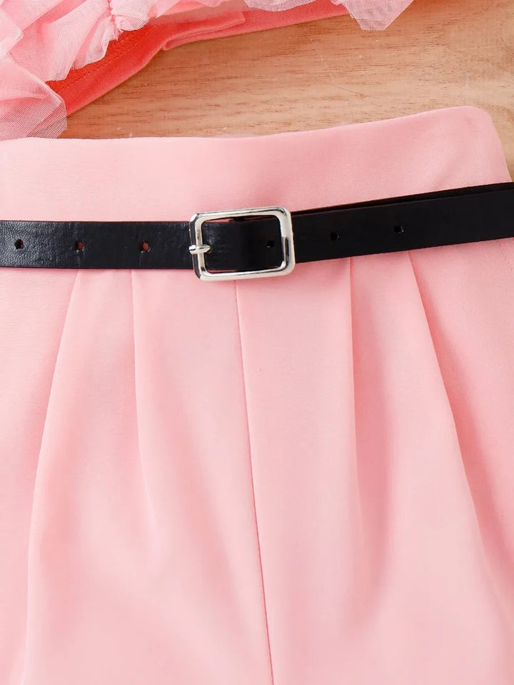 Soft Mesh Top & Shorts Set with Belt for Girls