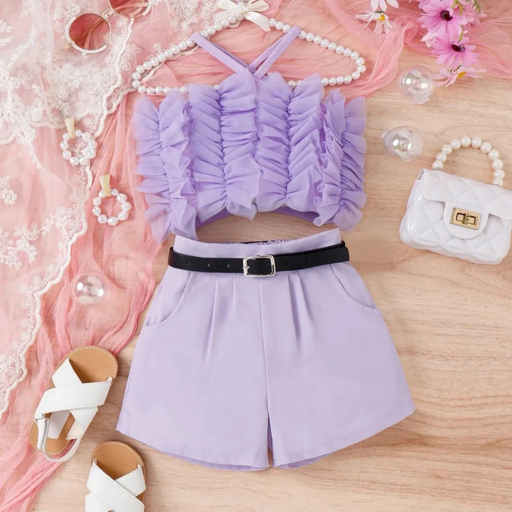 Soft Mesh Top & Shorts Set with Belt for Girls