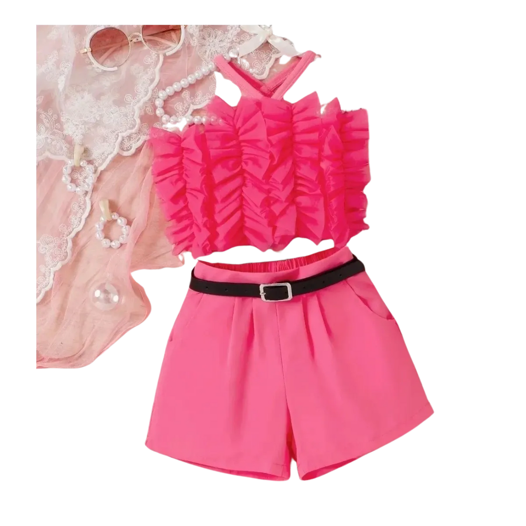 Soft Mesh Top & Shorts Set with Belt for Girls