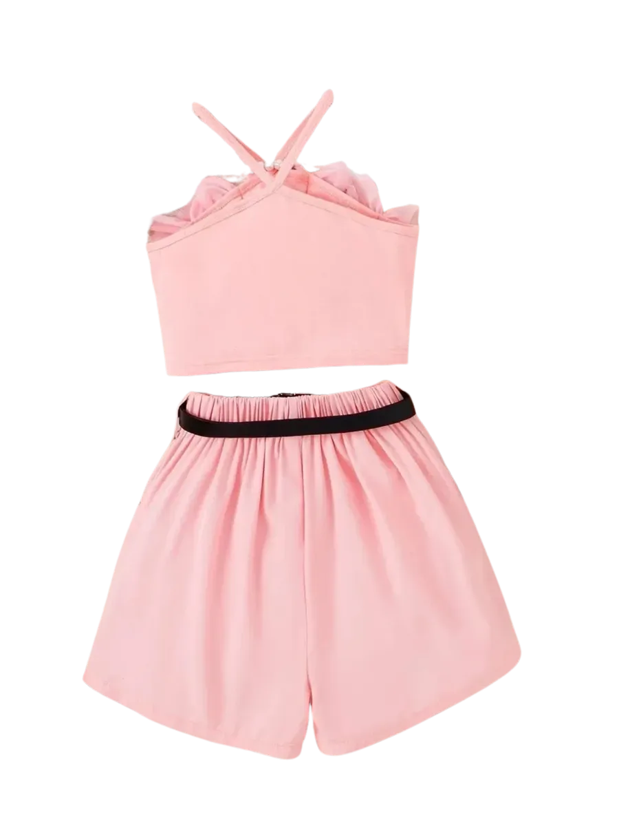 Soft Mesh Top & Shorts Set with Belt for Girls