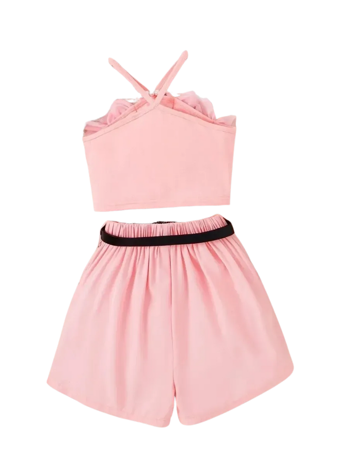 Soft Mesh Top & Shorts Set with Belt for Girls