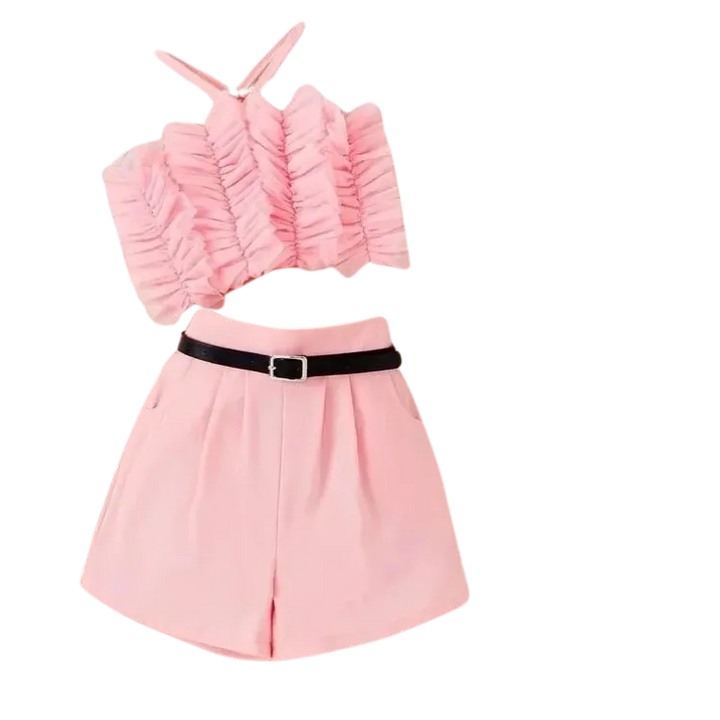 Soft Mesh Top & Shorts Set with Belt for Girls