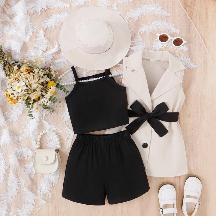 Girls Four-Piece Set with Strap Top + Shorts + Sleeveless Suit Jacket + Hat