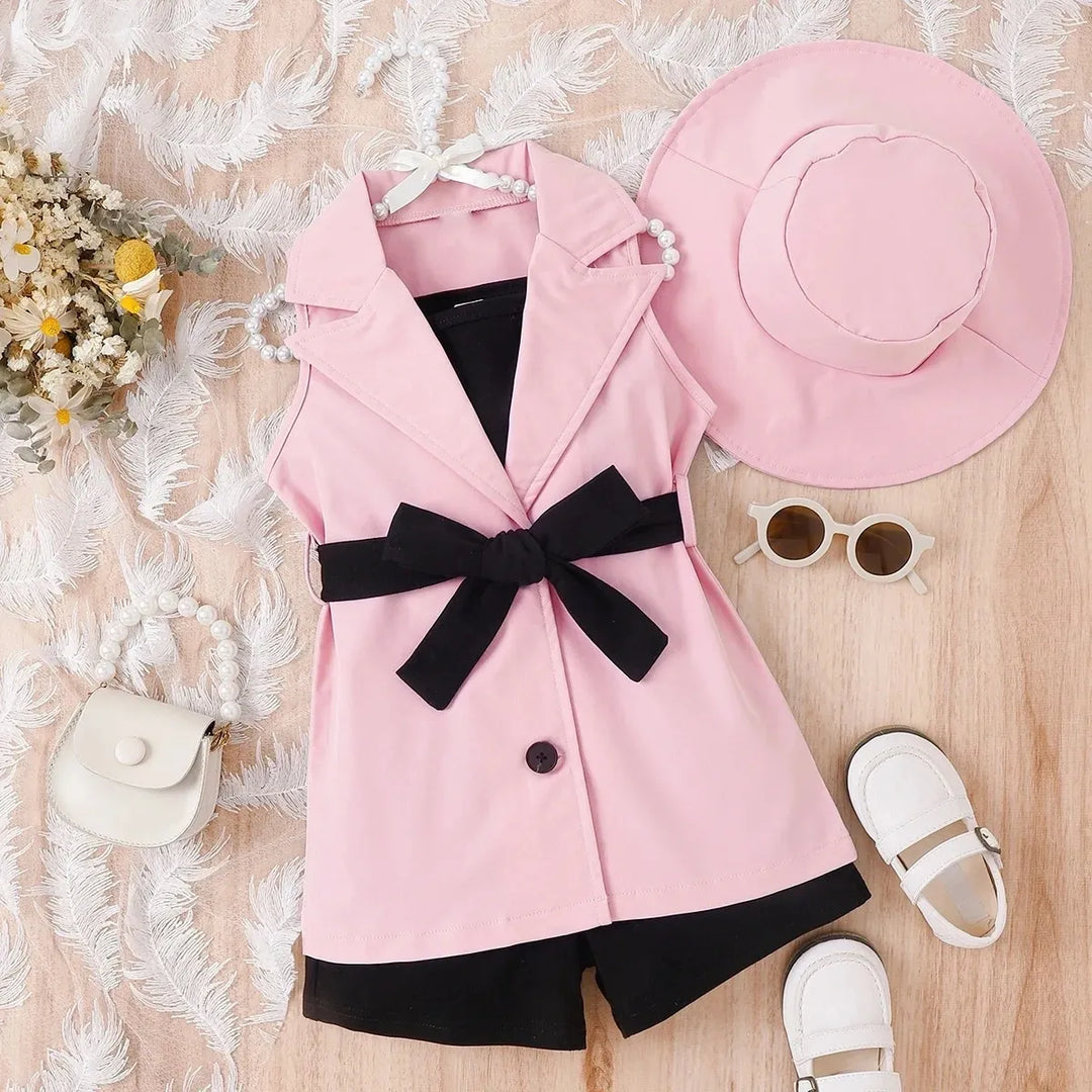 Girls Four-Piece Set with Strap Top + Shorts + Sleeveless Suit Jacket + Hat