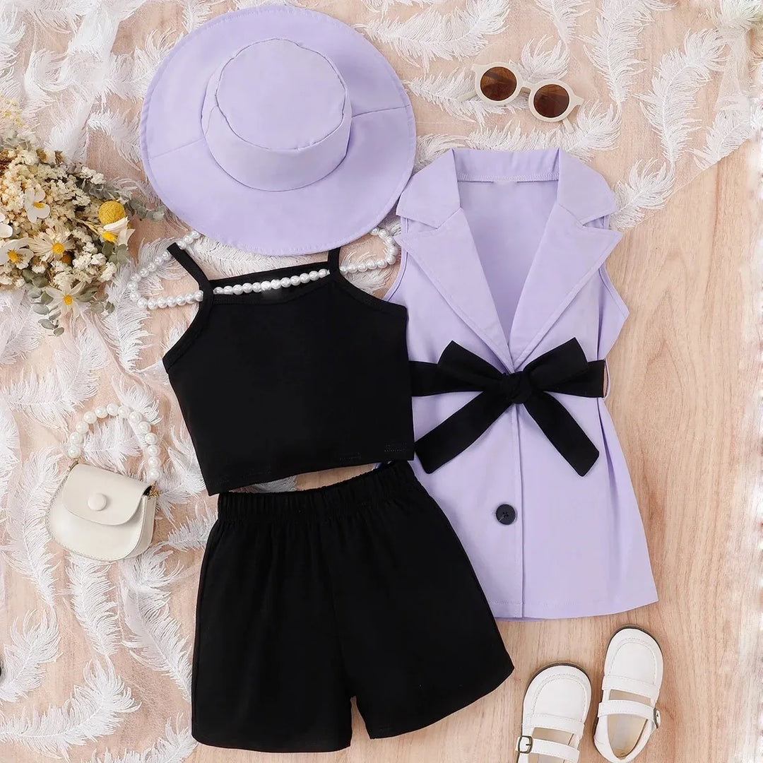 Girls Four-Piece Set with Strap Top + Shorts + Sleeveless Suit Jacket + Hat