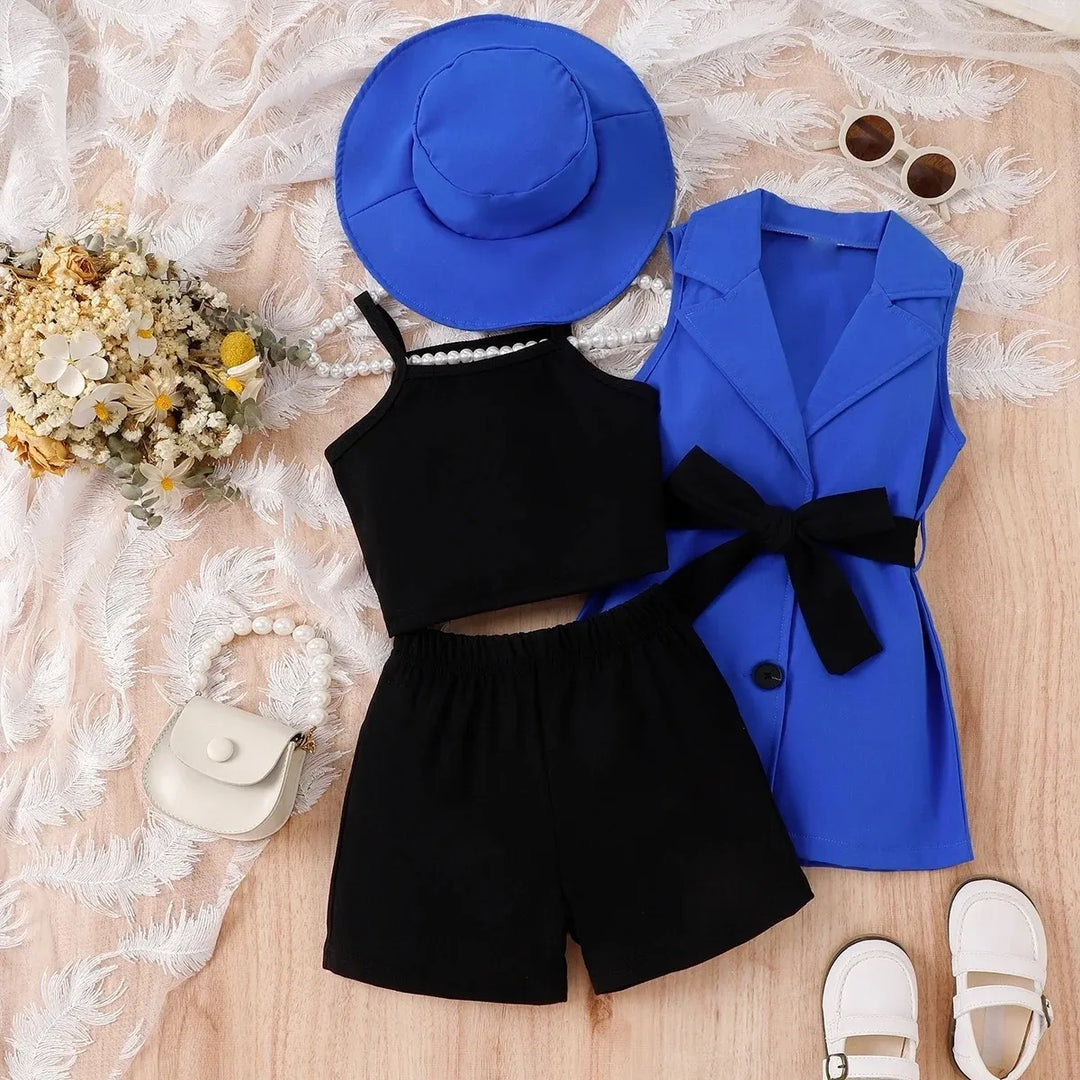 Girls Four-Piece Set with Strap Top + Shorts + Sleeveless Suit Jacket + Hat