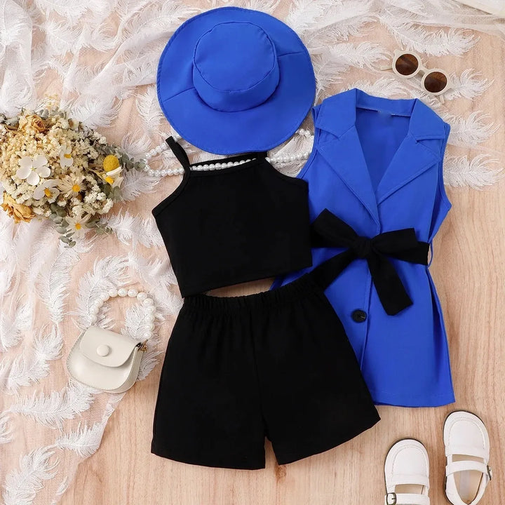 Girls Four-Piece Set with Strap Top + Shorts + Sleeveless Suit Jacket + Hat