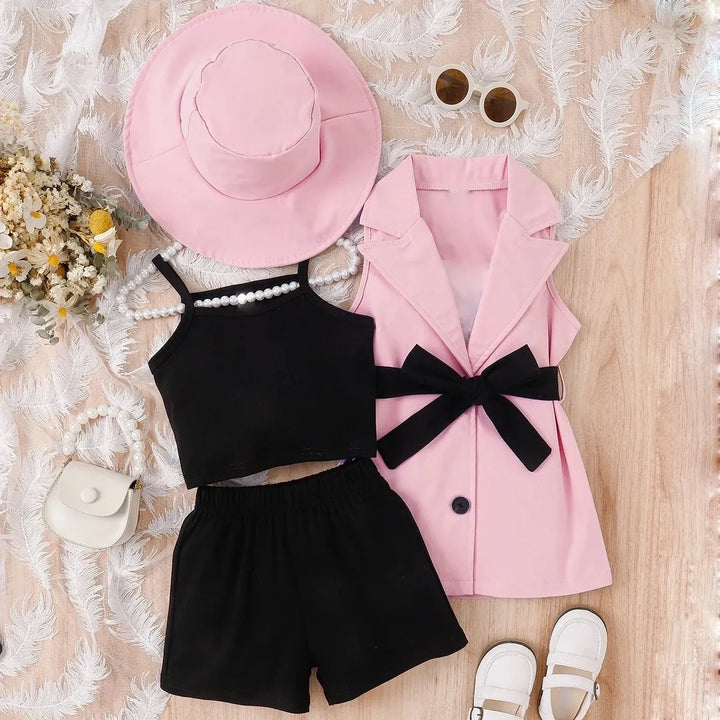 Girls Four-Piece Set with Strap Top + Shorts + Sleeveless Suit Jacket + Hat