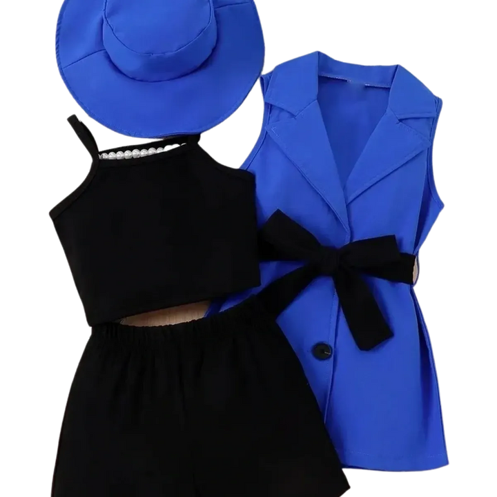 Girls Four-Piece Set with Strap Top + Shorts + Sleeveless Suit Jacket + Hat