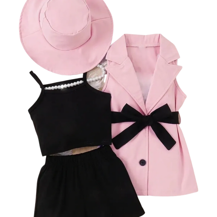 Girls Four-Piece Set with Strap Top + Shorts + Sleeveless Suit Jacket + Hat
