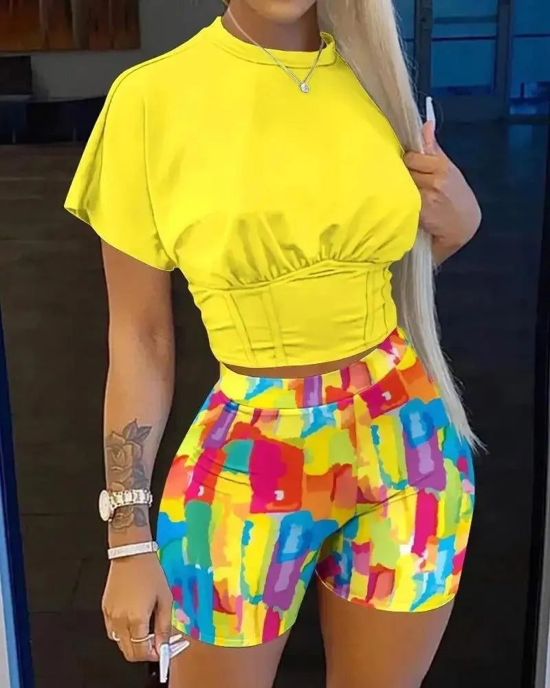 Women Casual Print Summer Short Two Pcs Women Set