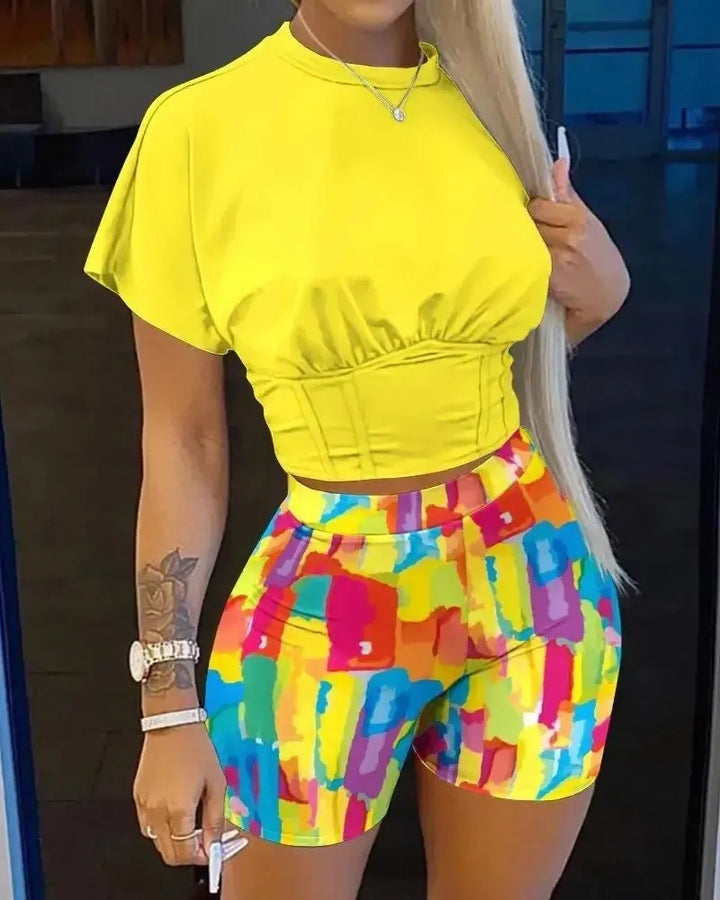 Women Casual Print Summer Short Two Pcs Women Set