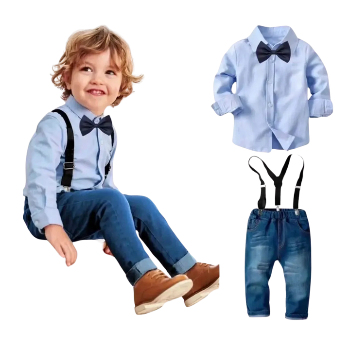 Boys Shirt & Denim Pants Set with Bow Tie & Suspenders